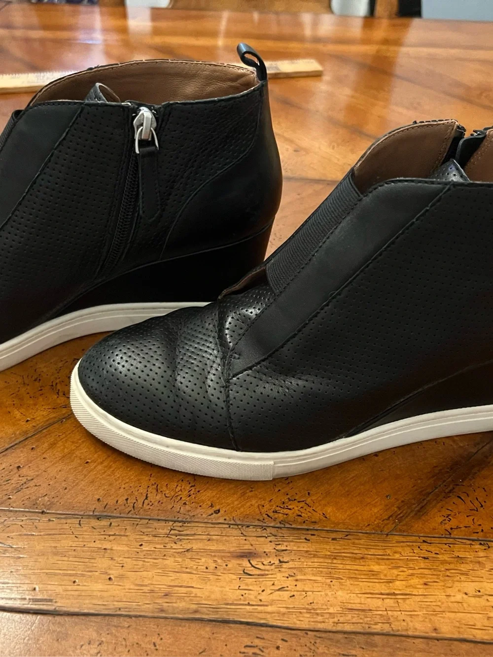 Women's Leather Upper Black  Perforated Slip-On Ankle Booties - Comfort Sneaker